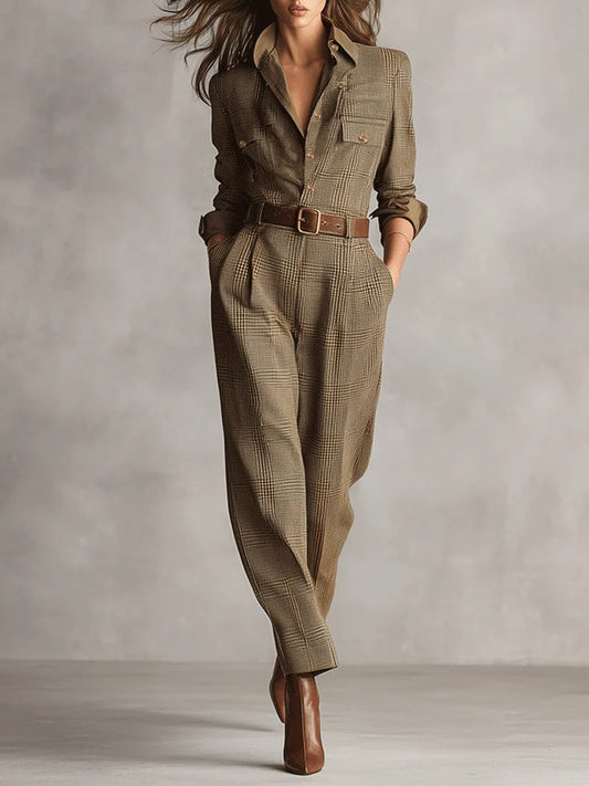 Women’s Plaid Belted Jumpsuit with Long Sleeves