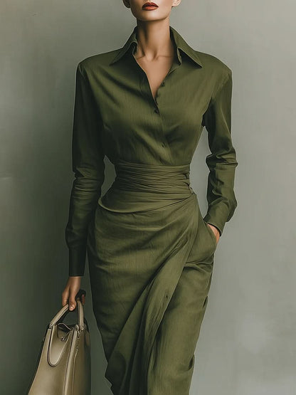 Women’s Wrap Shirt Dress Collared Elegant Midi Dress