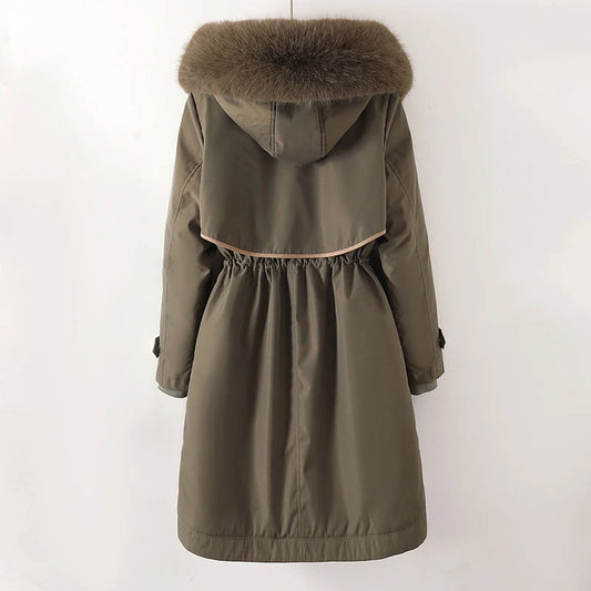 Langer Parka Mantel mit Kapuze und Fell für Winter Damen