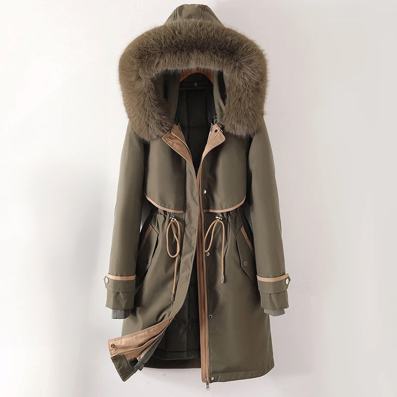 Langer Parka Mantel mit Kapuze und Fell für Winter Damen