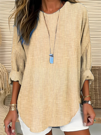 Women’s Striped Long Sleeve Blouse with Rounded Hem