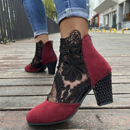 Women's Lace Panel Block Heel Ankle Orthopedic Boots