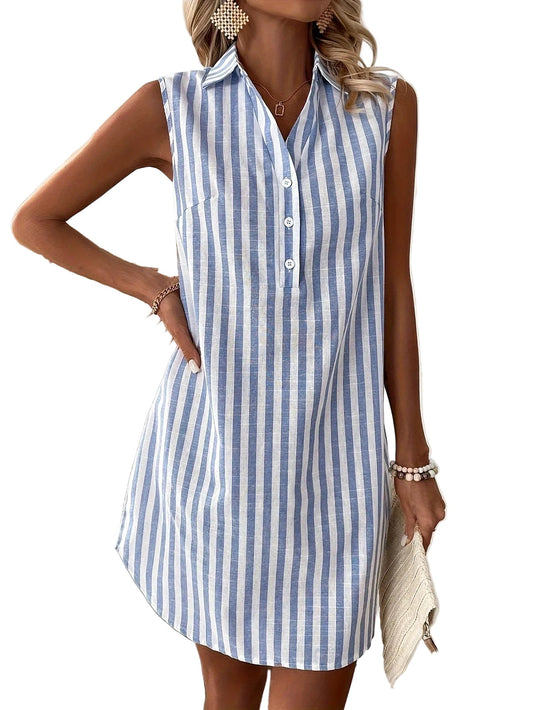 Women's Striped Shirt Dress Sleeveless Casual Summer Mini Dress