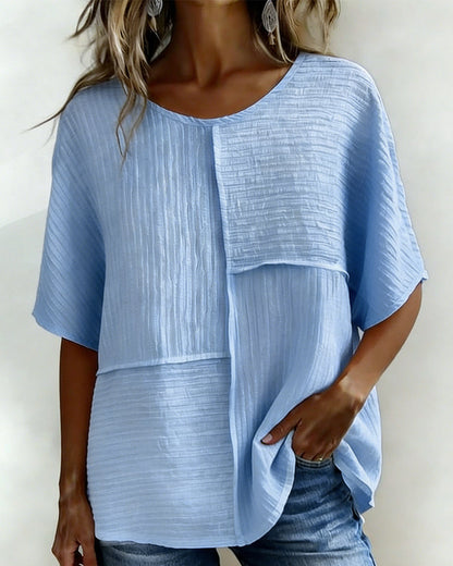 Women's Textured Patchwork Top with Round Neck and Short Sleeves