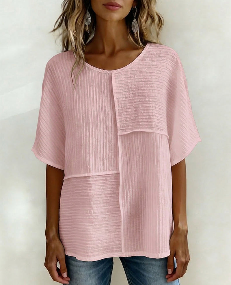 Women's Textured Patchwork Top with Round Neck and Short Sleeves