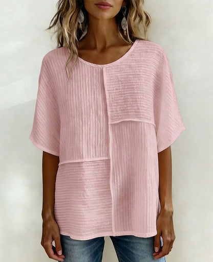 Women's Textured Patchwork Top with Round Neck and Short Sleeves