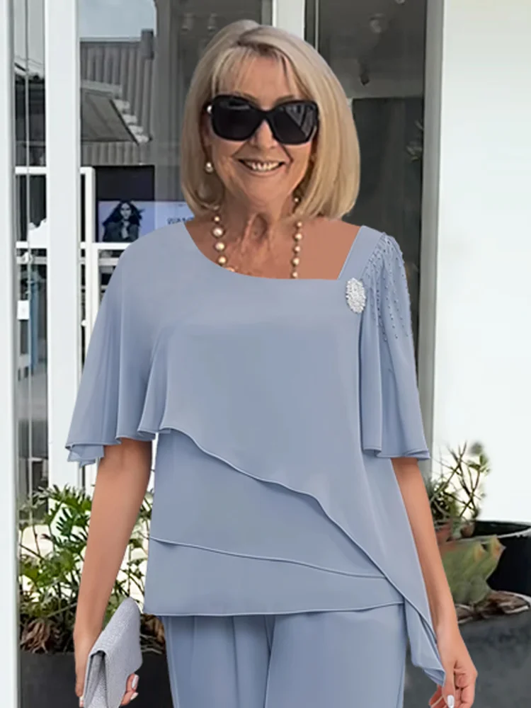 Women's Elegant Summer Two Piece Set Loose Fit Top and Wide Leg Pants