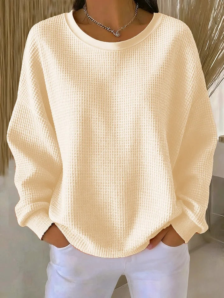 Women's Waffle Knit Long Sleeve Top with Round Neck