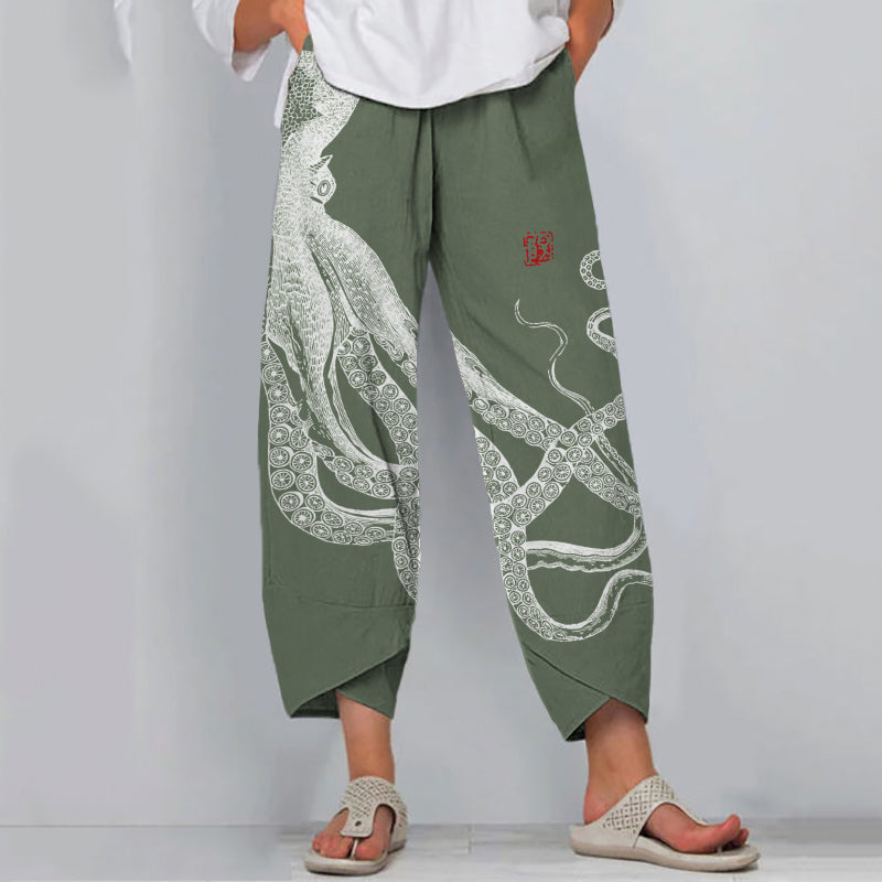 Women's Octopus Print Wide Leg Pants – Relaxed Fit Lightweight Casual Summer Trousers