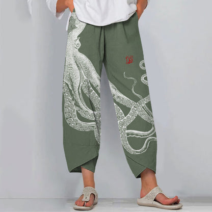 Women's Octopus Print Wide Leg Pants – Relaxed Fit Lightweight Casual Summer Trousers
