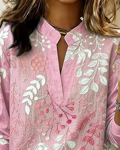 Women's Floral Embroidered V-Neck Blouse with Long Sleeves