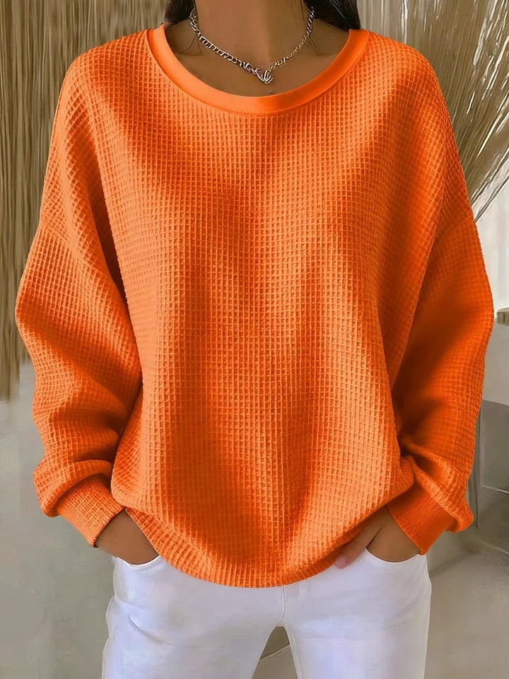 Women's Waffle Knit Long Sleeve Top with Round Neck