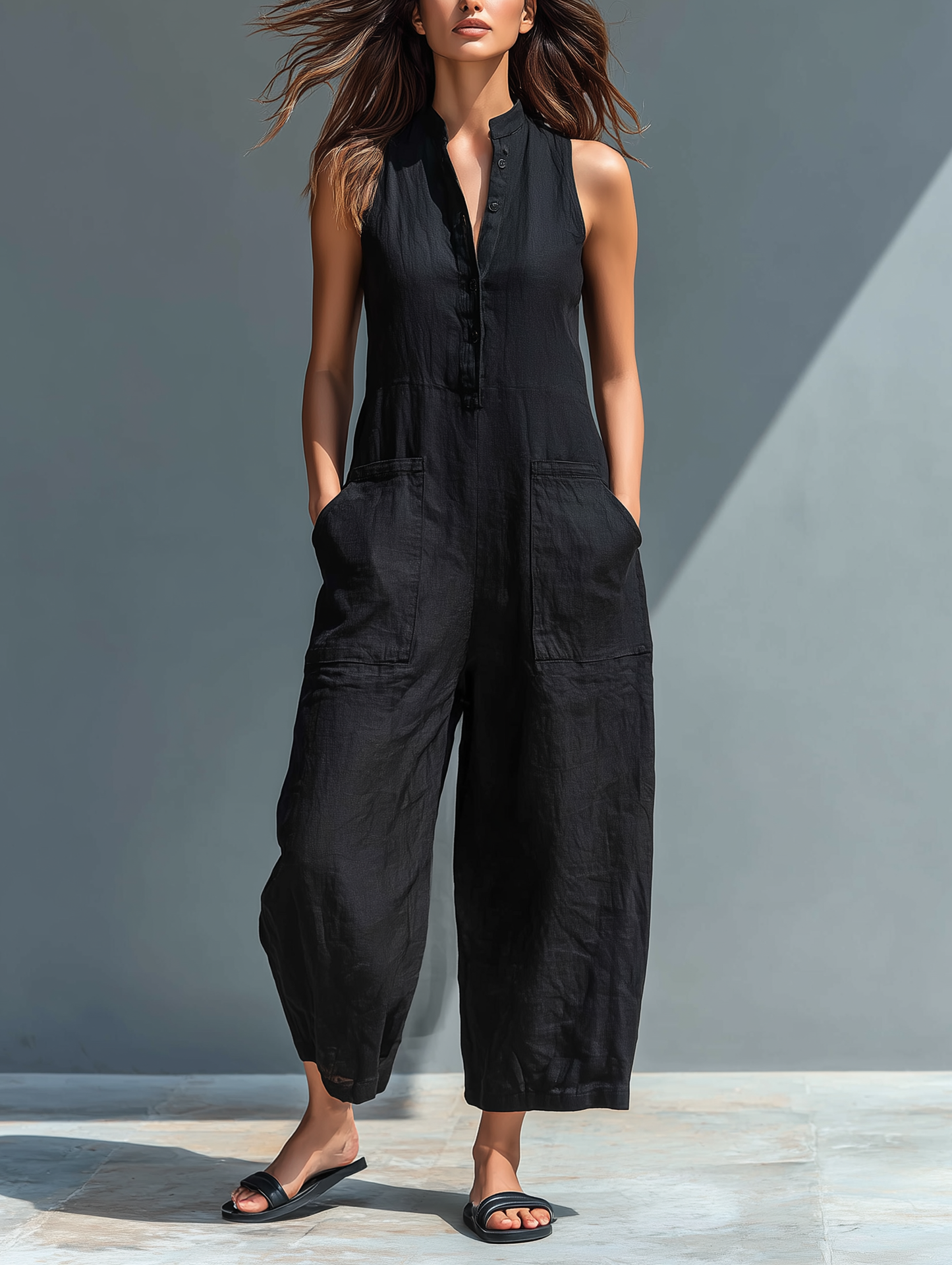 Women's Minimalist Linen Jumpsuit Sleeveless Wide Leg Relaxed Fit Casual Outfit