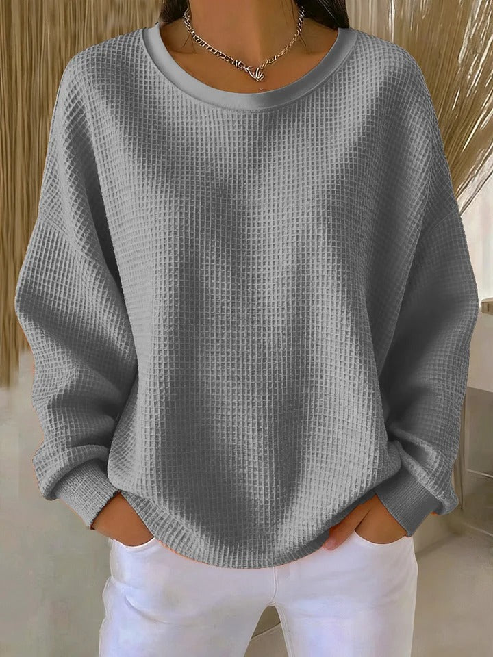 Women's Waffle Knit Long Sleeve Top with Round Neck