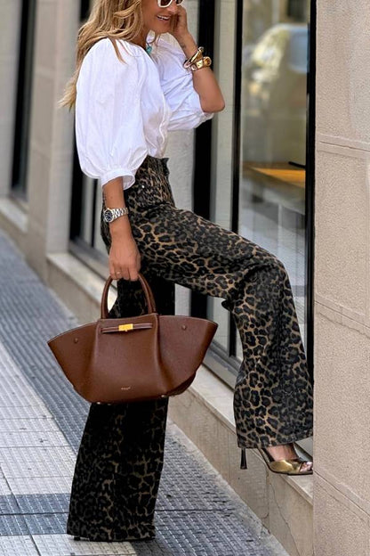 Women’s High Waist Leopard Wide Leg Pants with Flowing Fit