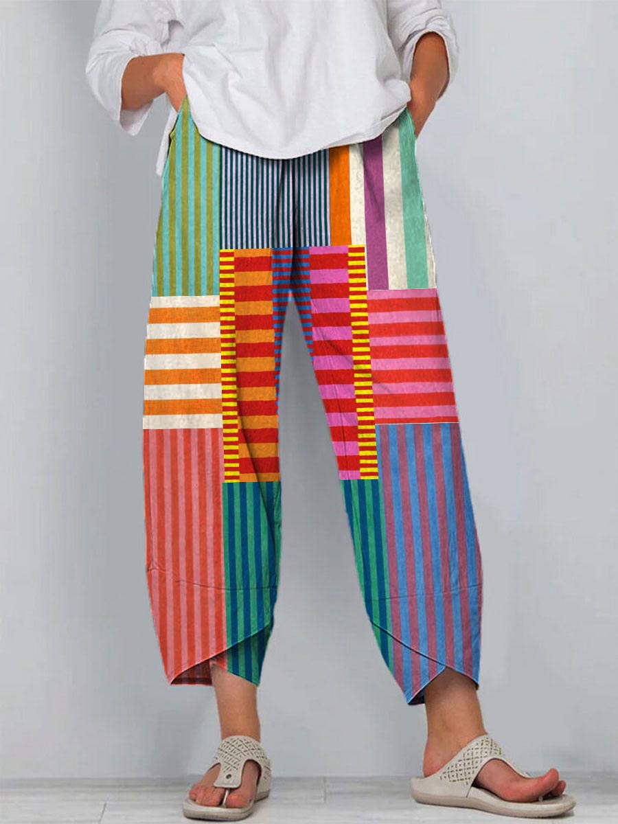 Women's Color Block Striped Wide Leg Pants – Relaxed Fit Lightweight Casual Statement Trousers