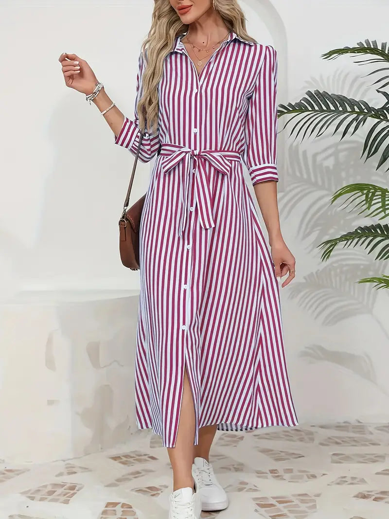 Women’s Striped Belted Button Down Elegant Shirt Midi Dress