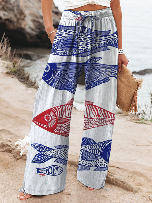 Women's Fish Print Wide Leg Pants – Relaxed Fit Lightweight Casual Statement Trousers