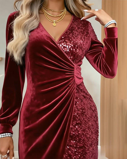 Women’s Velvet Sequin Wrap Mini Dress with Long Sleeves and Draped Waist