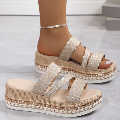 Women’s Glitter Platform Sandals with Ankle Strap and Comfort Support