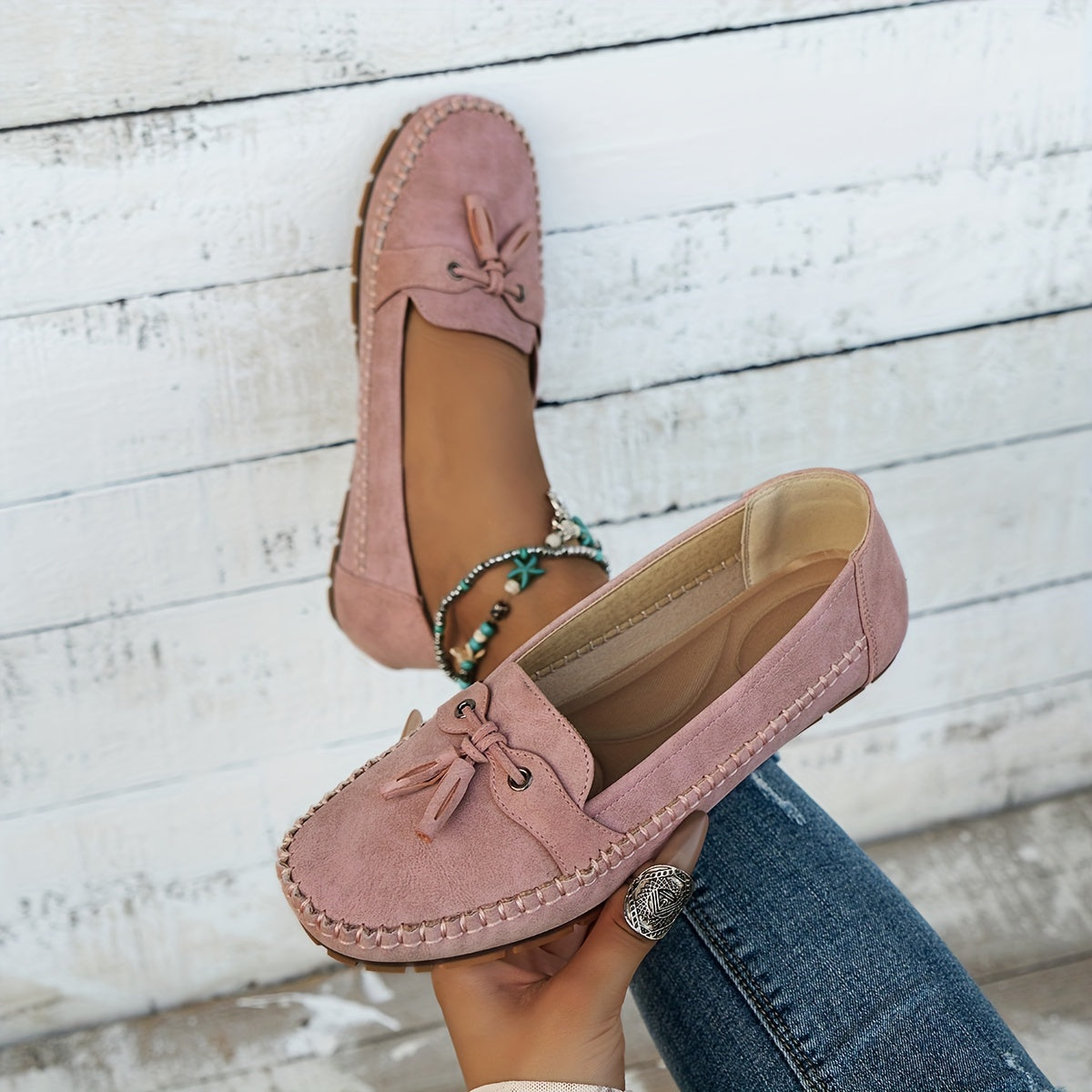 Women’s Suede Loafers with Bow Detail and Lightweight Cushioned Sole