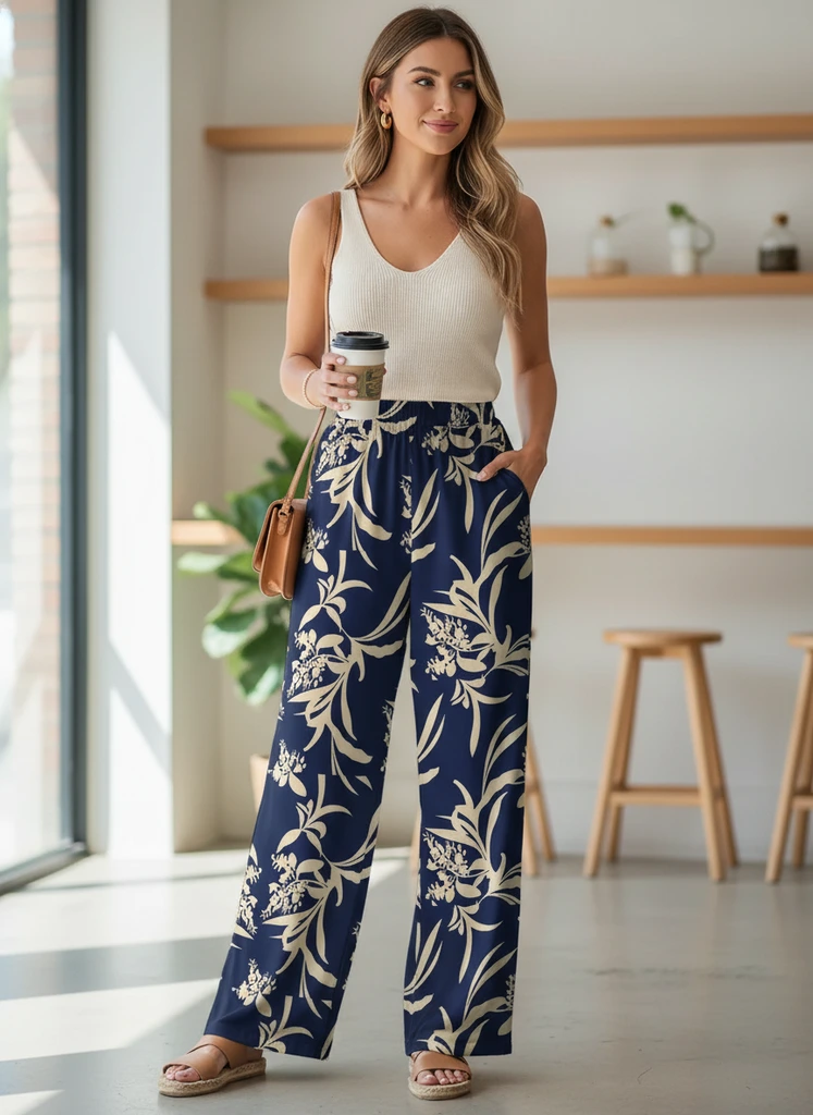 Women’s Wide Leg Printed Pants with Elastic Waist and Flowing Fit