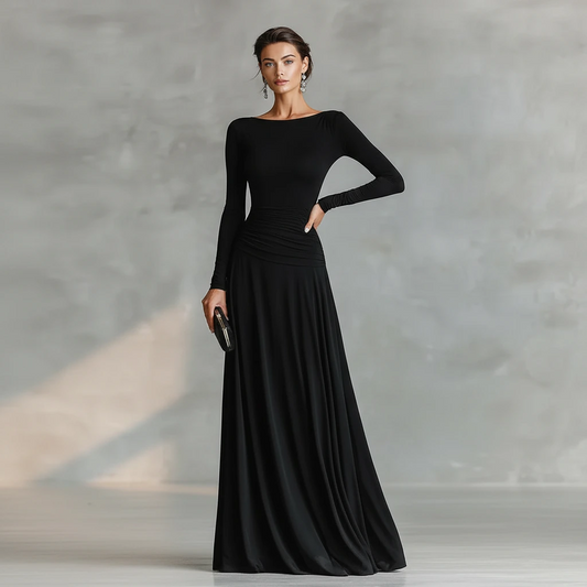 Women’s Long Sleeve Maxi Dress with Bateau Neck and Ruched Waist