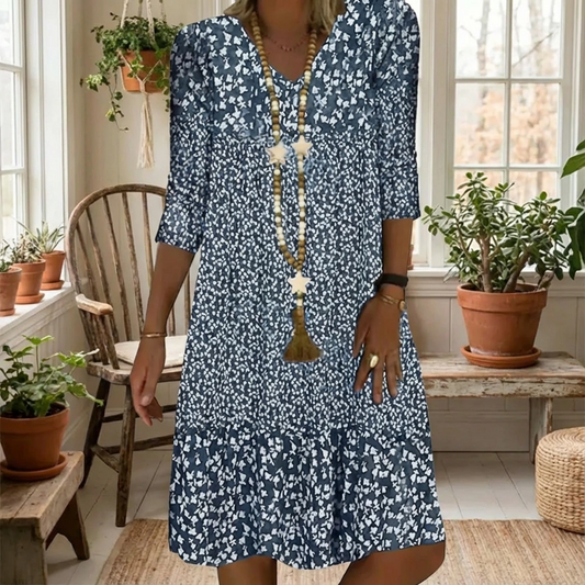 Relaxed Spring Printed V-Neck Midi Dress
