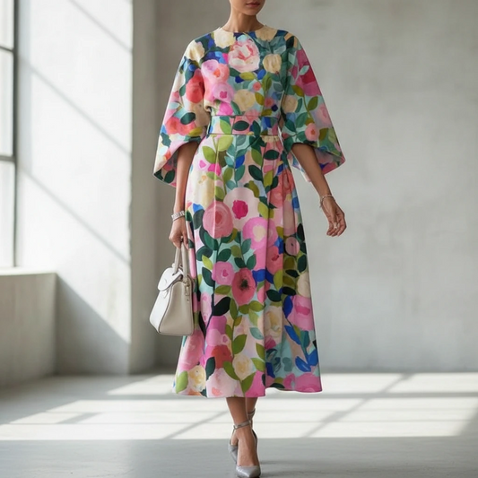 Women’s Printed Midi Dress with Defined Waist and Flowing Fit