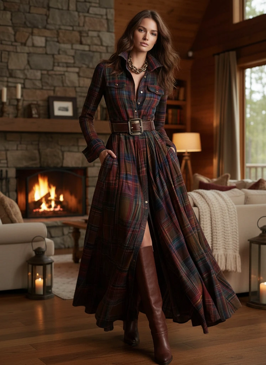 Women’s Plaid Maxi Dress with Button Front and Belted Waist
