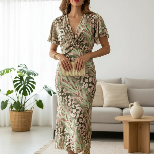 Women’s Wrap Midi Dress with Elegant Neckline and Flowing Fit
