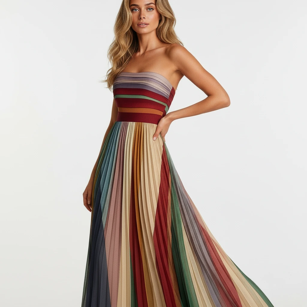 Women’s Strapless Pleated Maxi Dress with Flowing Skirt and Elegant Fit