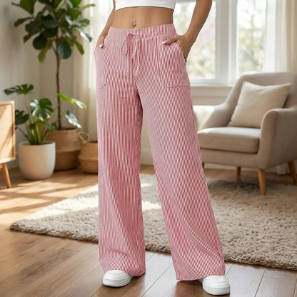 Women’s Wide Leg Striped Pants with Elastic Waist and Drawstring