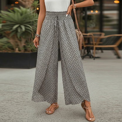 Women’s Wide Leg Printed Pants with Pull-On Waist and Flowing Fit