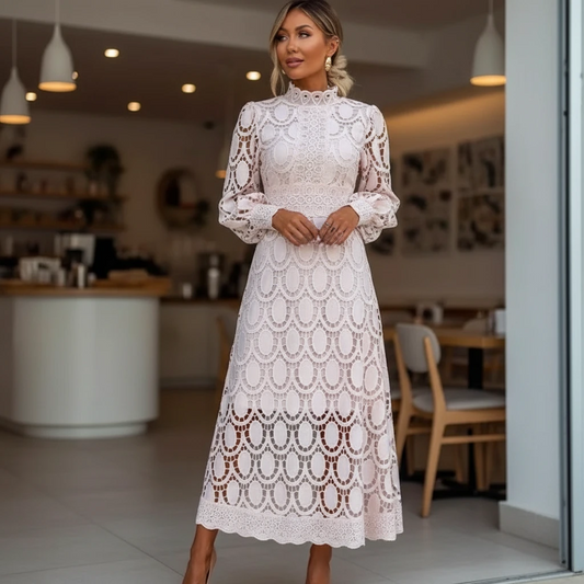 Women’s Lace Midi Dress with High Neck and Elegant Fit