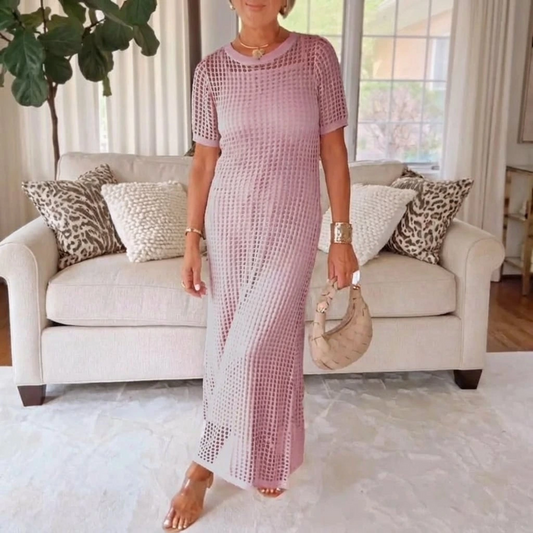 Women’s Sheer Knit Maxi Dress with Relaxed Fit and Short Sleeves