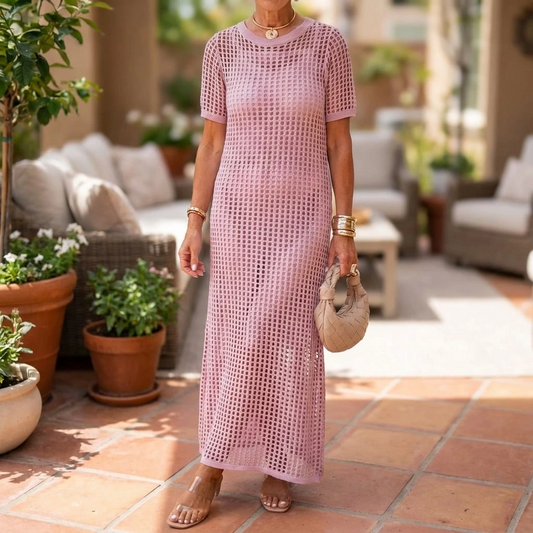 Women’s Sheer Knit Maxi Dress with Relaxed Fit and Short Sleeves