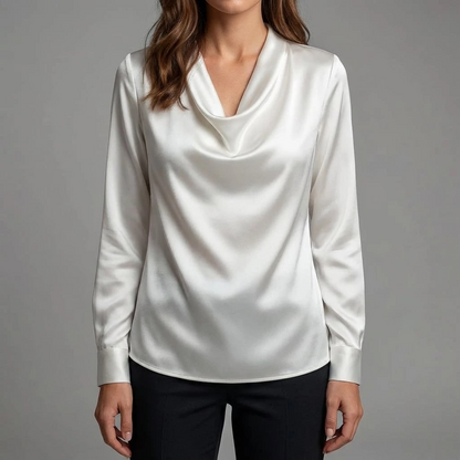 Women’s Draped Neck Long Sleeve Blouse with Satin-Like Finish