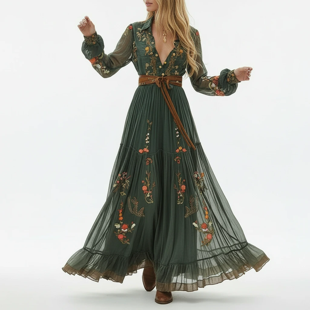 Women’s Embroidered Boho Maxi Dress with Long Sleeves and Tie Waist