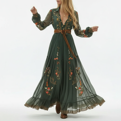 Women’s Embroidered Boho Maxi Dress with Long Sleeves and Tie Waist