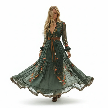 Women’s Embroidered Boho Maxi Dress with Long Sleeves and Tie Waist