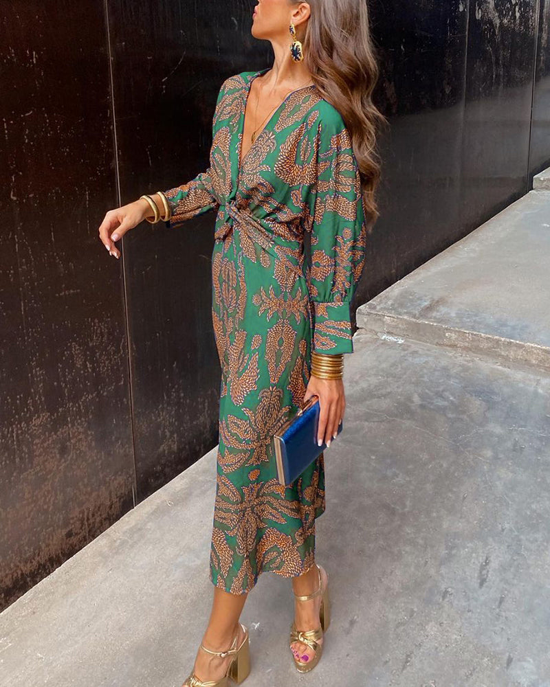 April | Women’s Floral Print V Neck Tie Waist Midi Dress