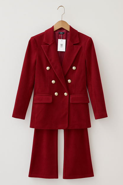 Women's Velvet Suit Set with Double Breasted Blazer and Pants