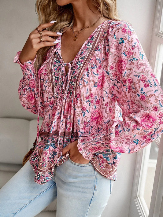 Women's Boho Floral V-Neck Blouse Loose Fit Lightweight Summer Casual Top
