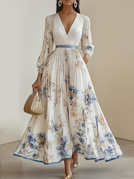 Women’s Floral Pleated Maxi Dress with V-Neck and Long Sleeves