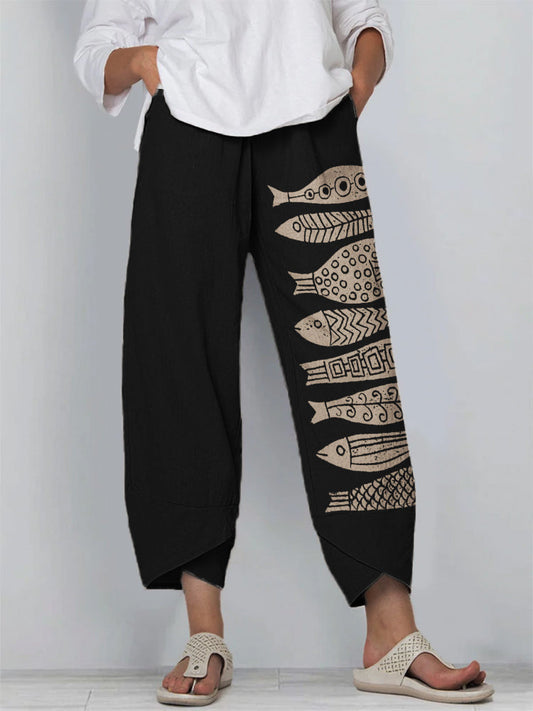Women's Fish Print Harem Pants – Relaxed Fit Lightweight Casual Statement Trousers