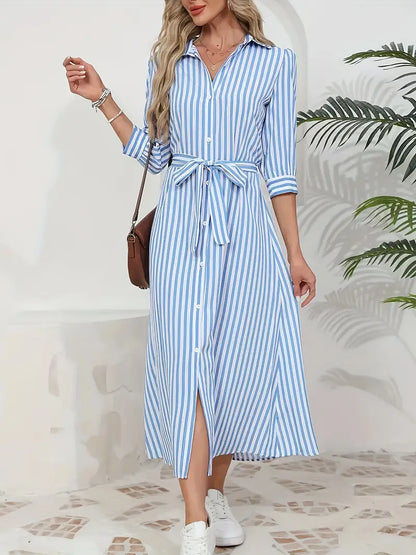Women’s Striped Belted Button Down Elegant Shirt Midi Dress