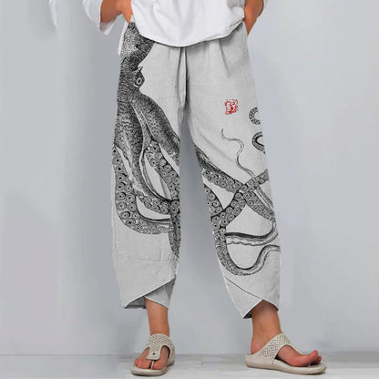 Women's Octopus Print Wide Leg Pants – Relaxed Fit Lightweight Casual Summer Trousers