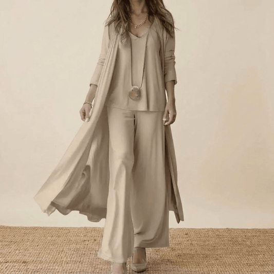 Women's Elegant 3 Piece Set Long Cardigan Top and Wide Leg Pants Outfit