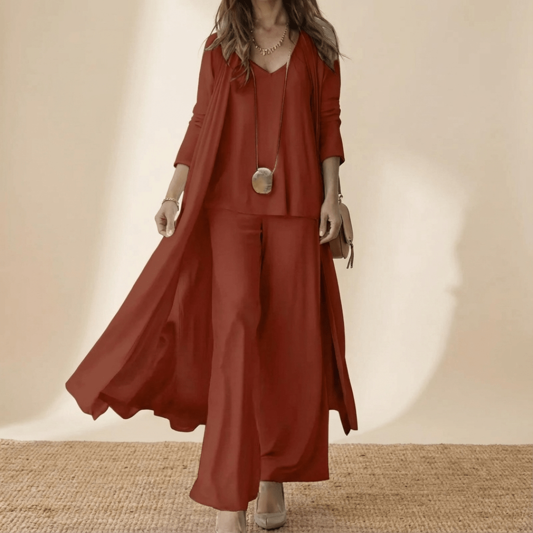 Women's Elegant 3 Piece Set Long Cardigan Top and Wide Leg Pants Outfit